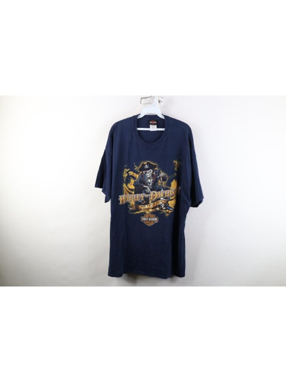 Vintage Y2K Harley Davidson Mens 2XL Fire Flames Tribal Skeleton Pirate T-Shirt